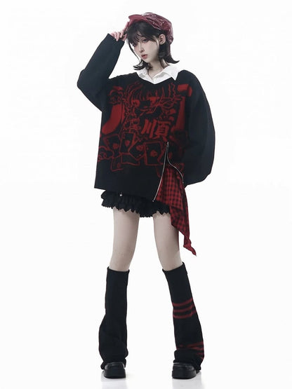 Pattern Zipper Hem Knit Sweater Girl New Loose-Fit Cartoon with Red/Black and Inspired Year