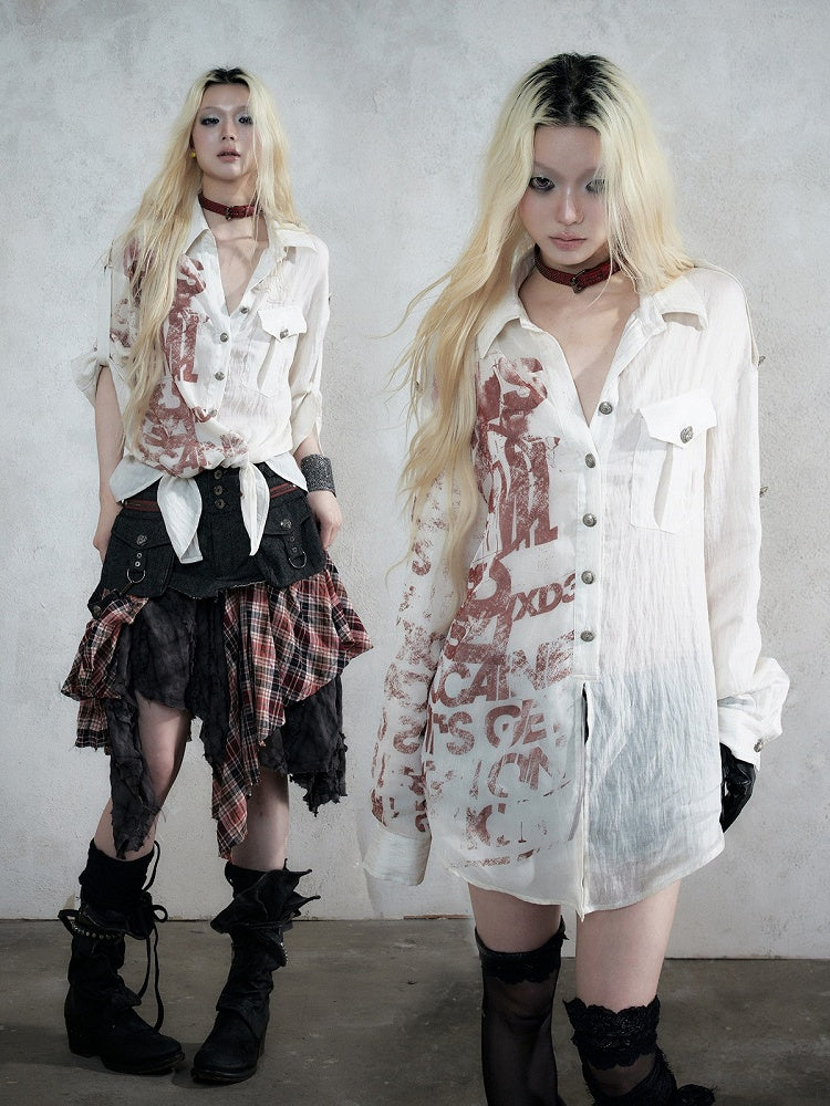 Apricot Distressed Graffiti Print Loose Long Sleeve Shirt, Punk Style - NO ROMANCE