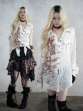 Apricot Distressed Graffiti Print Loose Long Sleeve Shirt, Punk Style - NO ROMANCE