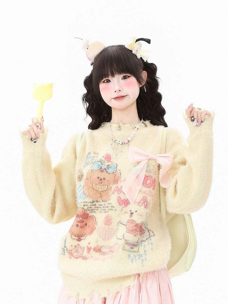 and Sweater - Hem Kawaii Apricot/Green Distressed Daily Neckline