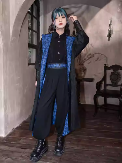 Blau-schwarze Koralle-Cheongsam mit weitem Bein und Bündchen, Seepferdchen- und Printmuster