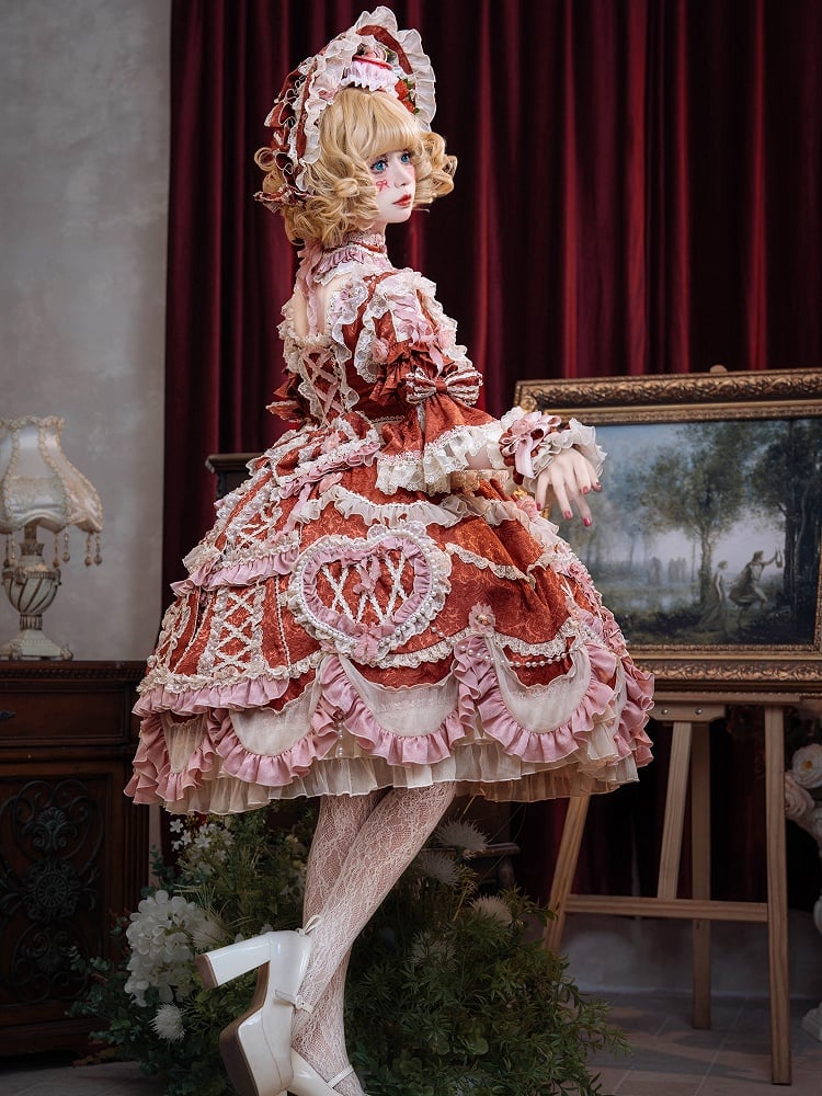 赤い花嫁ロゼット刺繍の花とビーズチェーンのディテールロリータOPフルセット