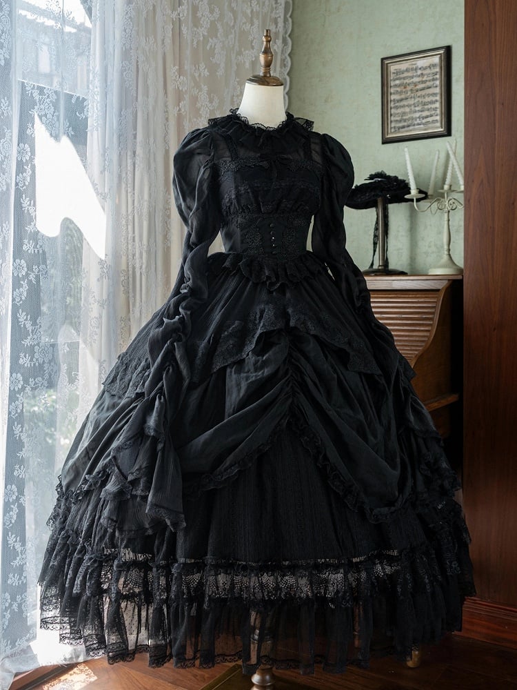 Black Basque Waist Kuro Dress Drawstring Skirt Gothic Lolita Long Sleeves One Piece