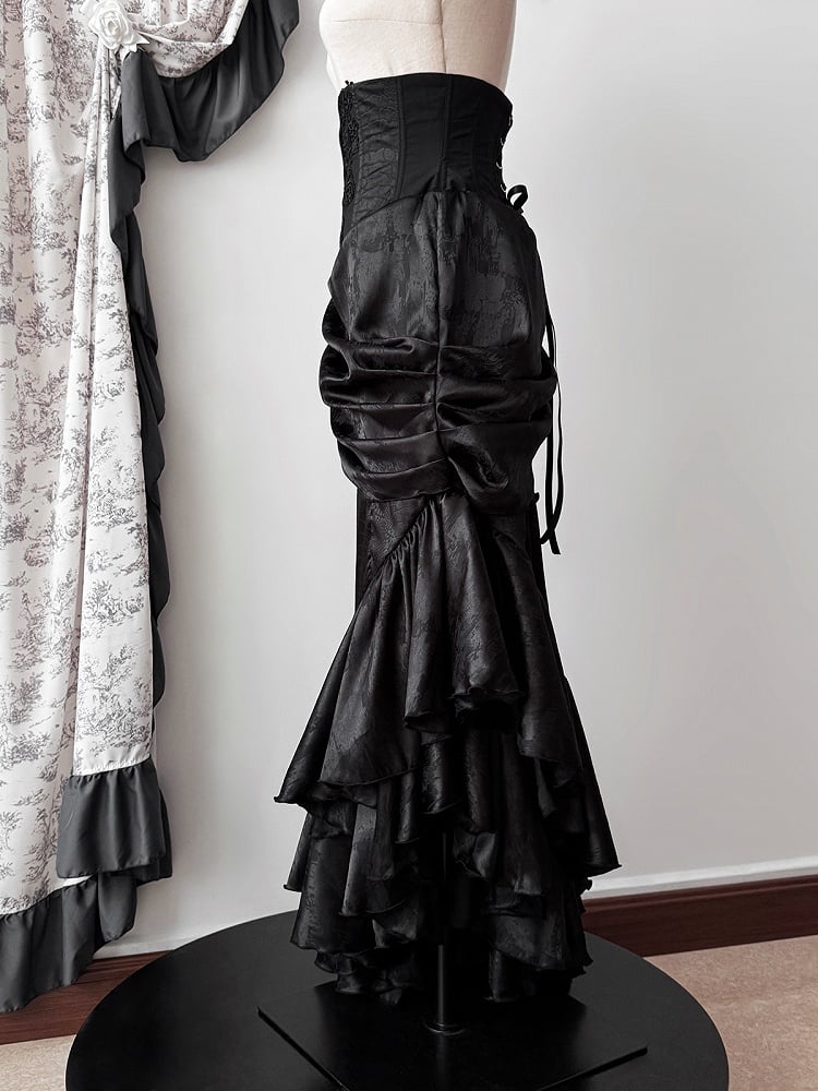 Gothic Asymmetrischer Rock Korsett mit Taillenstäbchen Kaskadierender hoher Lolita-Volant Meerjungfrauensaum Schwarz
