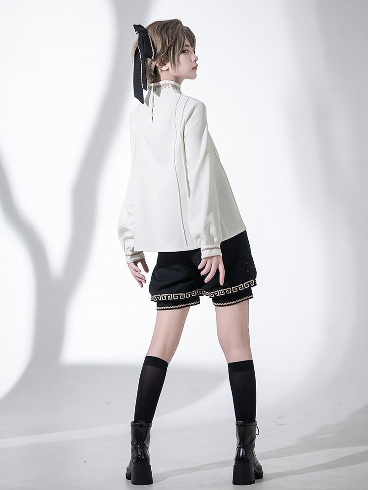 Chinoiserie Stand Ouji Shirt Lace-up Collar White