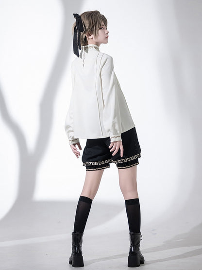 Chinoiserie Stand Ouji Shirt Lace-up Collar White