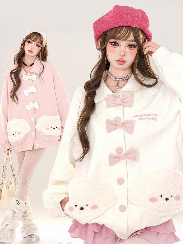 Pink/White Plush Puppy Pockets Polo Collar Jacket