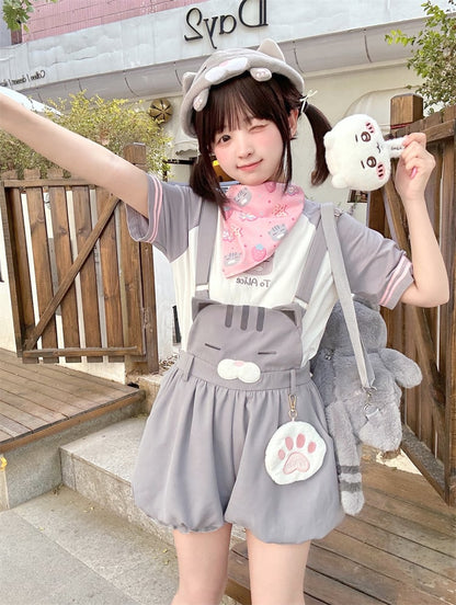 Shorts Bubble Overalls Adorable Kitty Pattern Gray