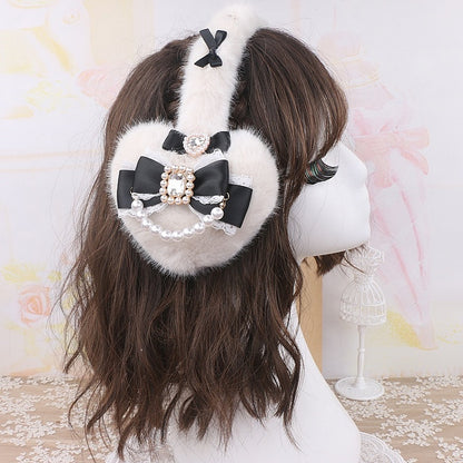 3 Earmuffs Bowknot Plush Options Jirai Rhinestone Pearl Color Kei
