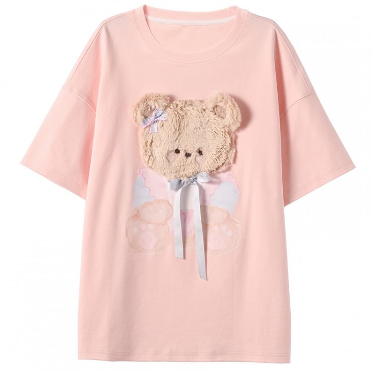ピンク/グレー ラウンドネック ぬいぐるみ キティ/ベア Tシャツ