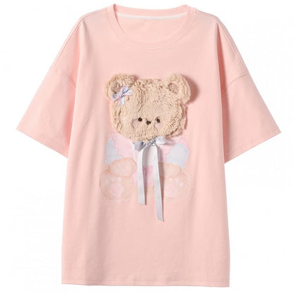 ピンク/グレー ラウンドネック ぬいぐるみ キティ/ベア Tシャツ
