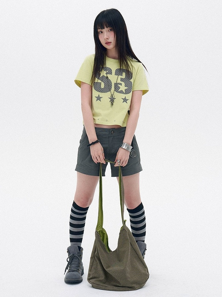 Lemon Yellow Round Neck Tee with Letter Print and Stars - innomoood