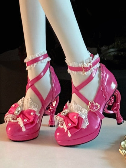 Rose High-heel Pink Crystal Janes Bow Sparkling Lolita Hime Mary with Beads - in