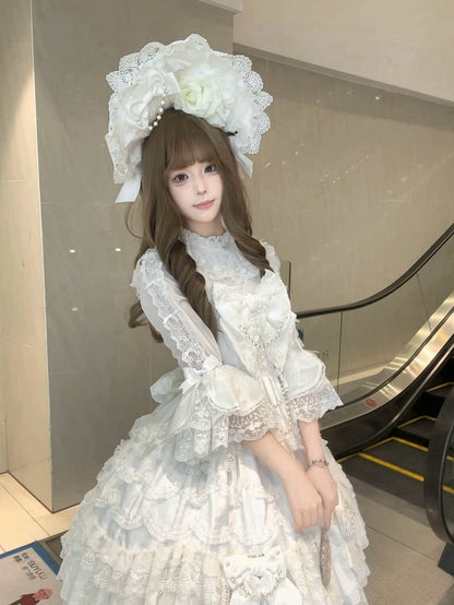 ネックラインのシャツ、小さな7/4スリーブ、フリル付きロリータホワイト