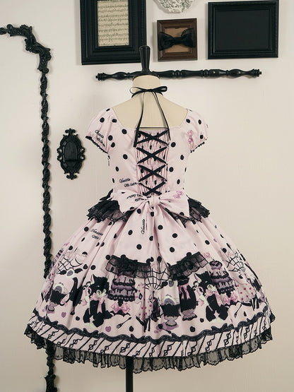 Lolita Black Dress Dot with Sweet Cat Polka Pink Accents Print Bow