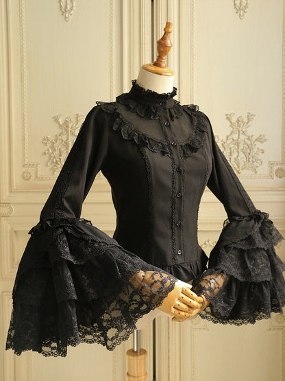 ブラック ジャボタイ フリルネックライン ロングベルスリーブ ブラウス