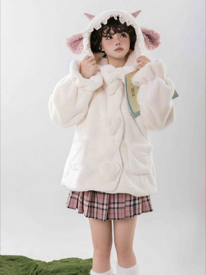 白いキュートなラムの耳付きフード付き冬用着心地の良いプラッシュコート