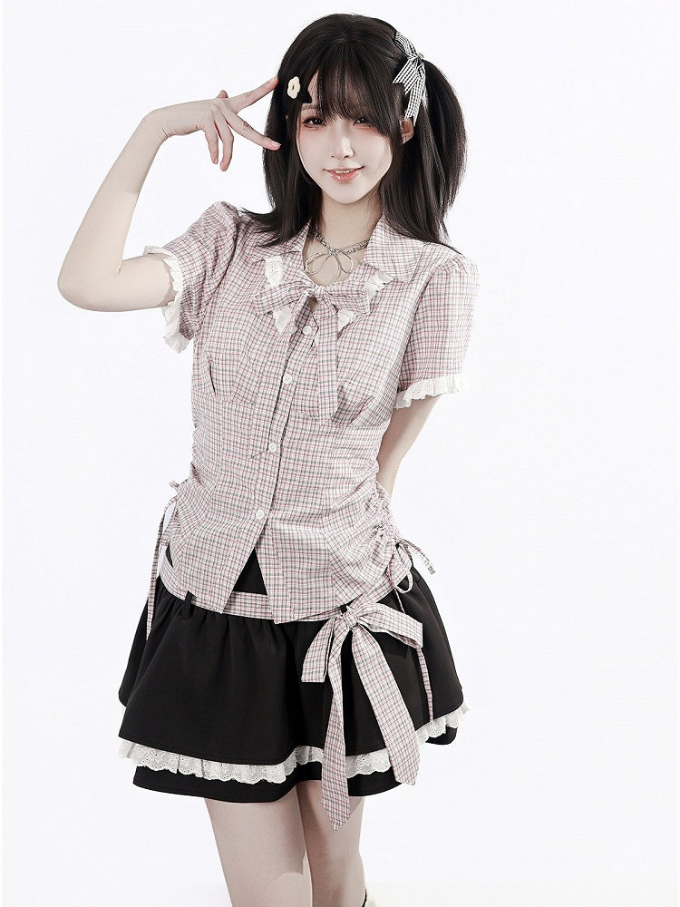 Dark Gray Double Layer Skirt with Lace Trim & Plaid Belt - PINK SAVIOR