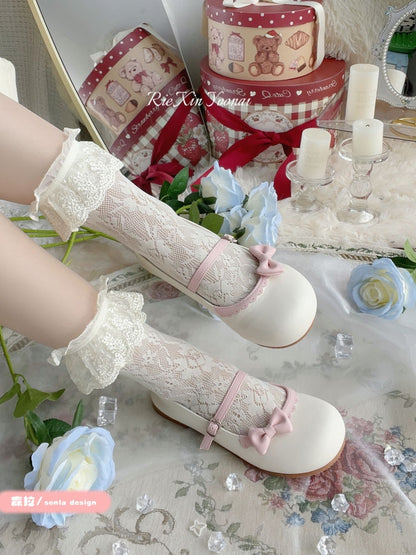 Shoes Bow Buckle Circle Lolita Beige Flat Pink with Toe Round Detachable Sweet