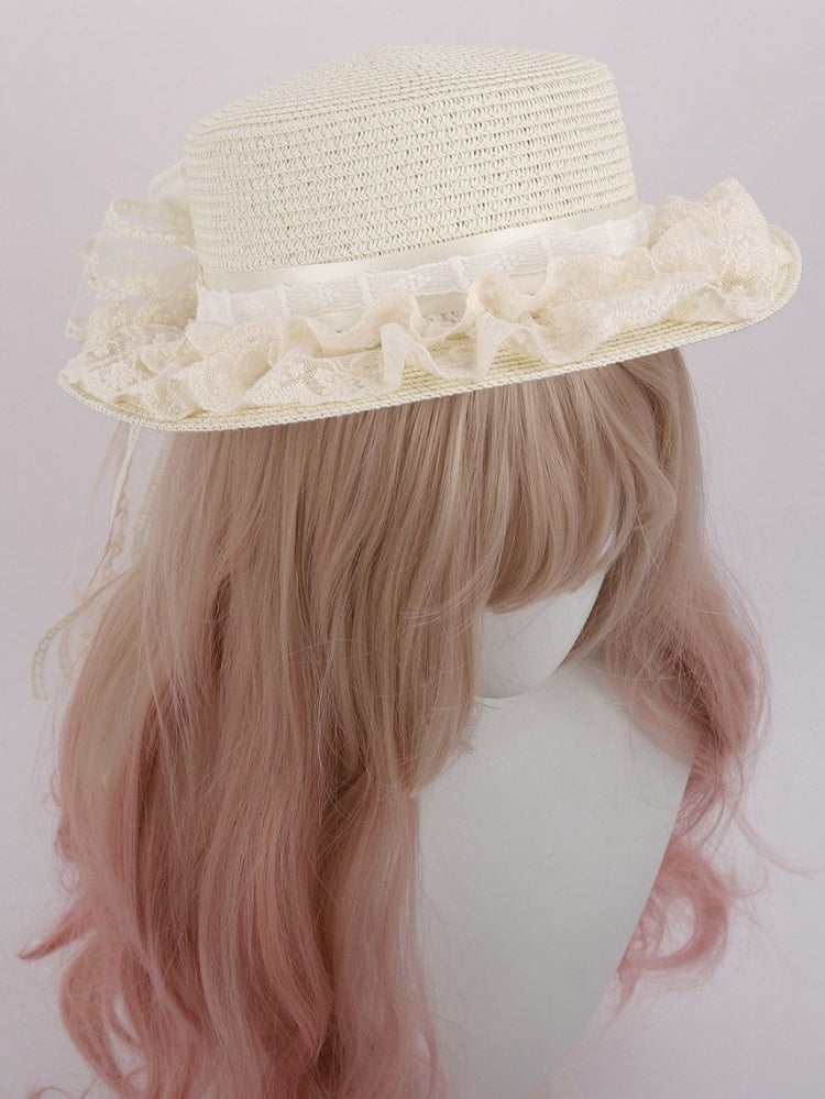 Beige Bowknot Details Straw Lace Lolita Sweet Hat