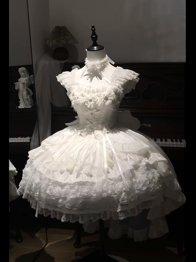 Blooming Layered Jacquard Hime Lolita Dress – Basque Waist with Lace & Fluffy Flower Accents | Sheer Ocean
