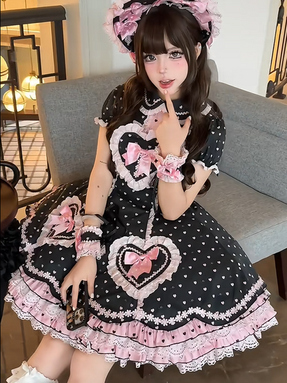 Heart Sweetheart Applique Lolita Sweet Dot Pink Dress Bow Accents Black with Polka