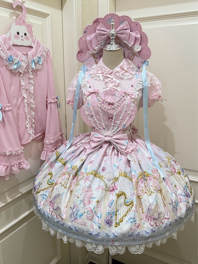 Seashell and Starfish Print Pink Sweet Lolita Skirt with Removable Straps