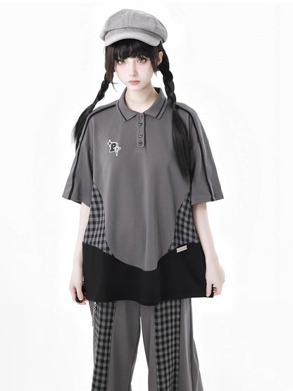 グレーのチェック柄パッチワークデザインポロカラーのゆったりカジュアルTシャツ