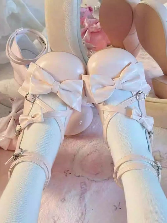 Heel Heart - Bows Light Pink Buckles Striped Lolita with Mid PU Shoes