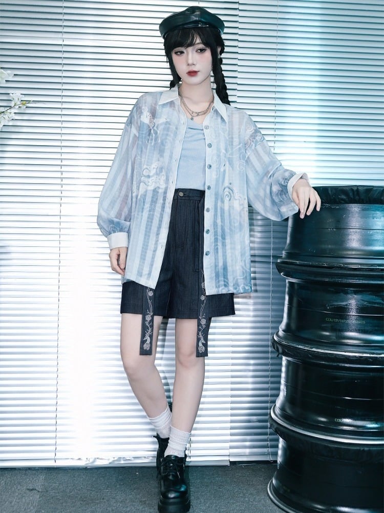 Blue Loose Sun Protection Chiffon Long Sleeve Shirt with Deer Print - Quirky Hut