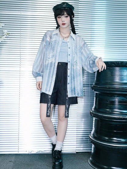 Blue Loose Sun Protection Chiffon Long Sleeve Shirt with Deer Print - Quirky Hut