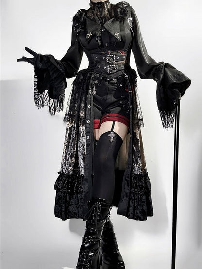 Black Pointed Collar Embroidered Cross Gothic Shirt with Arm Straps - Jailbird Hotel