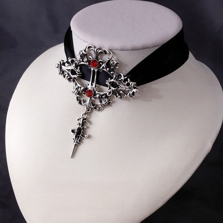 Choker Lace-up with Black Embellishments Gothic Pendant Rhinestone Cross