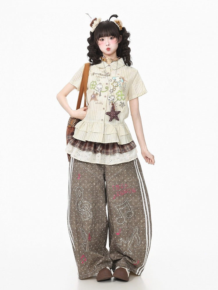 Yellow Plaid Short Sleeve Shirt with Cartoon Print - Languid Park