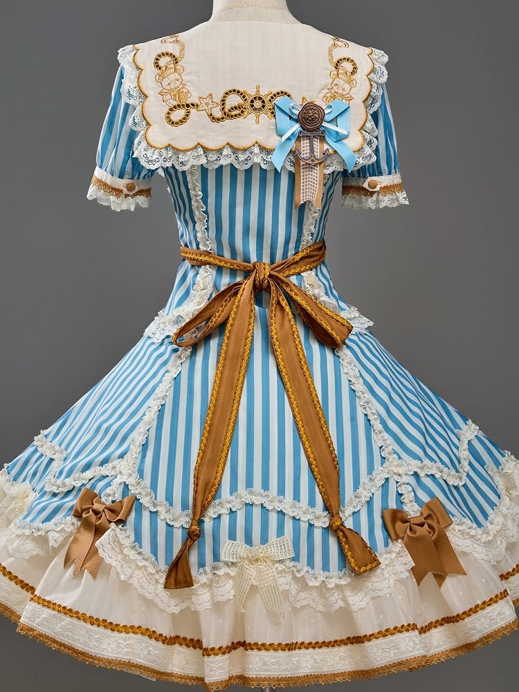 Sailor Bear Theme Striped Dress with Bow Embroidery - Twin Bear Original Design
