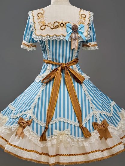Sailor Bear Theme Striped Dress with Bow Embroidery - Twin Bear Original Design