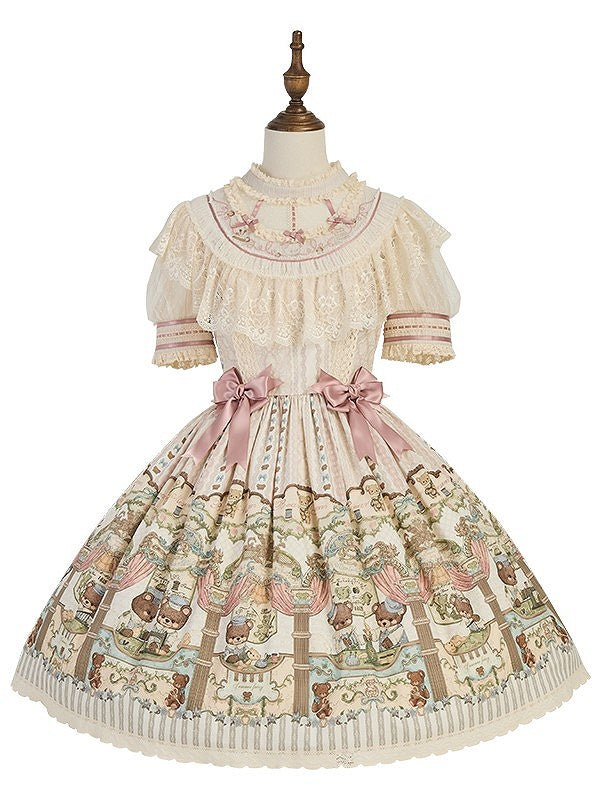 Dress Printed Bear Lolita Lace-Trimmed with Sweet Beige Accents Bow
