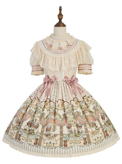 Dress Printed Bear Lolita Lace-Trimmed with Sweet Beige Accents Bow