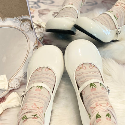 Sweet Off-white Round Low with Janes Lolita Heart Buckle Toe - for Bow Detachable Heel Mary
