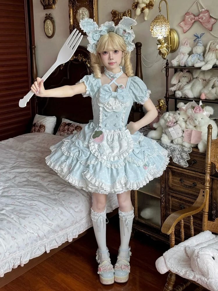 and Lace OP Cute Themed Baby with Polka Dress Blue Strawberry Dot Lolita Details Bow