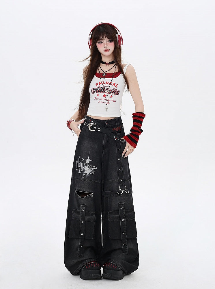 Jeans Black Butterfly Wide-Leg Cargo Print Strap Details Vintage