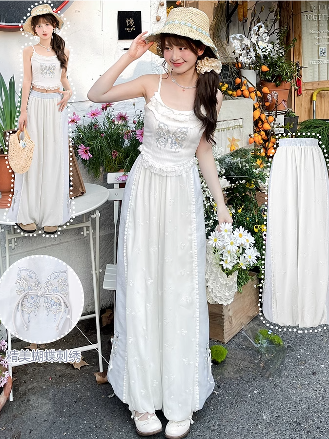 Version Cuffs Holiday Blue and White Colorblock Design Wide-Leg Pants Butterfly Embroidery Regular/Short