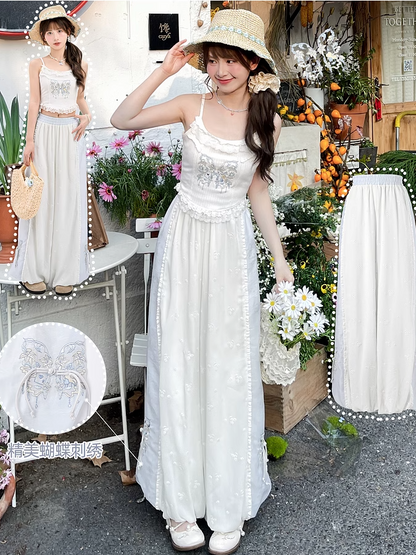 Version Cuffs Holiday Blue and White Colorblock Design Wide-Leg Pants Butterfly Embroidery Regular/Short