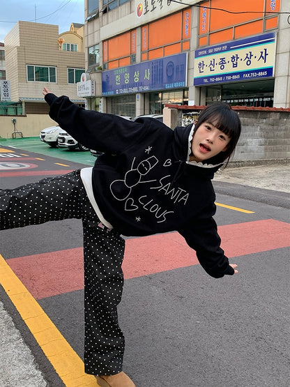 White / Snowman Hoodie Fleece-Lined with Black Bead Lace-Trimmed Hood and