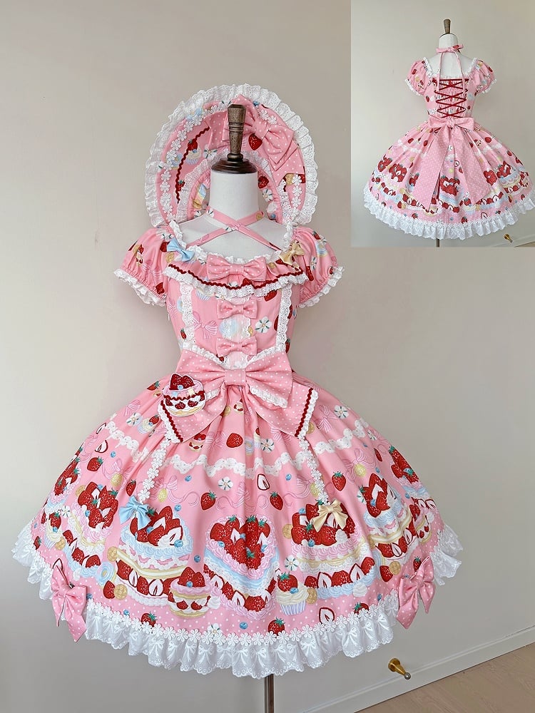 Kuchen Erdbeere Rosa Druck Ein Kurzes Süßes Stück Lolita Niedliche Kleid Ärmel
