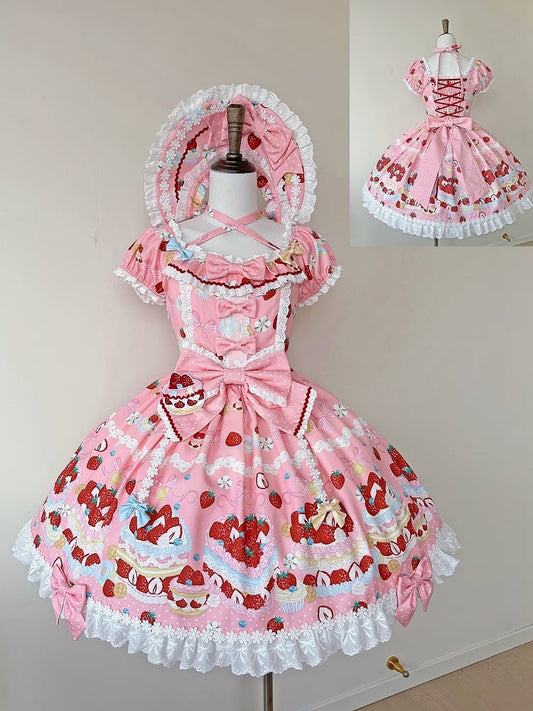 Kuchen Erdbeere Rosa Druck Ein Kurzes Süßes Stück Lolita Niedliche Kleid Ärmel