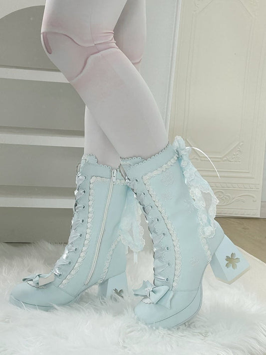 Lolita Lace Bow with Sweet Boots Heeled 8cm Details Blue Trim