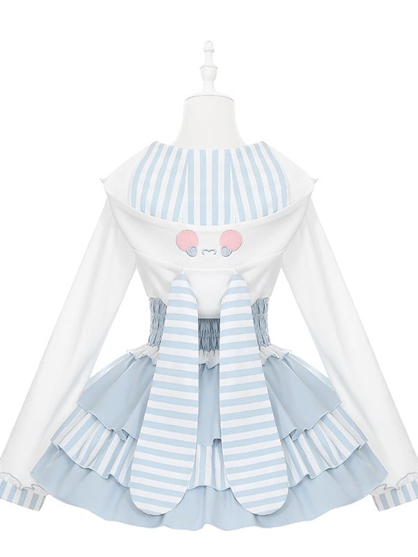 Light Blue & White Striped Long Sleeve Hoodie with Bunny Ear Design - Puppet Bombs
