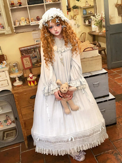 Lace Trim Long Sleeve OP Dress with Ruffles, Blue Lolita Style - Hua Xia Miao