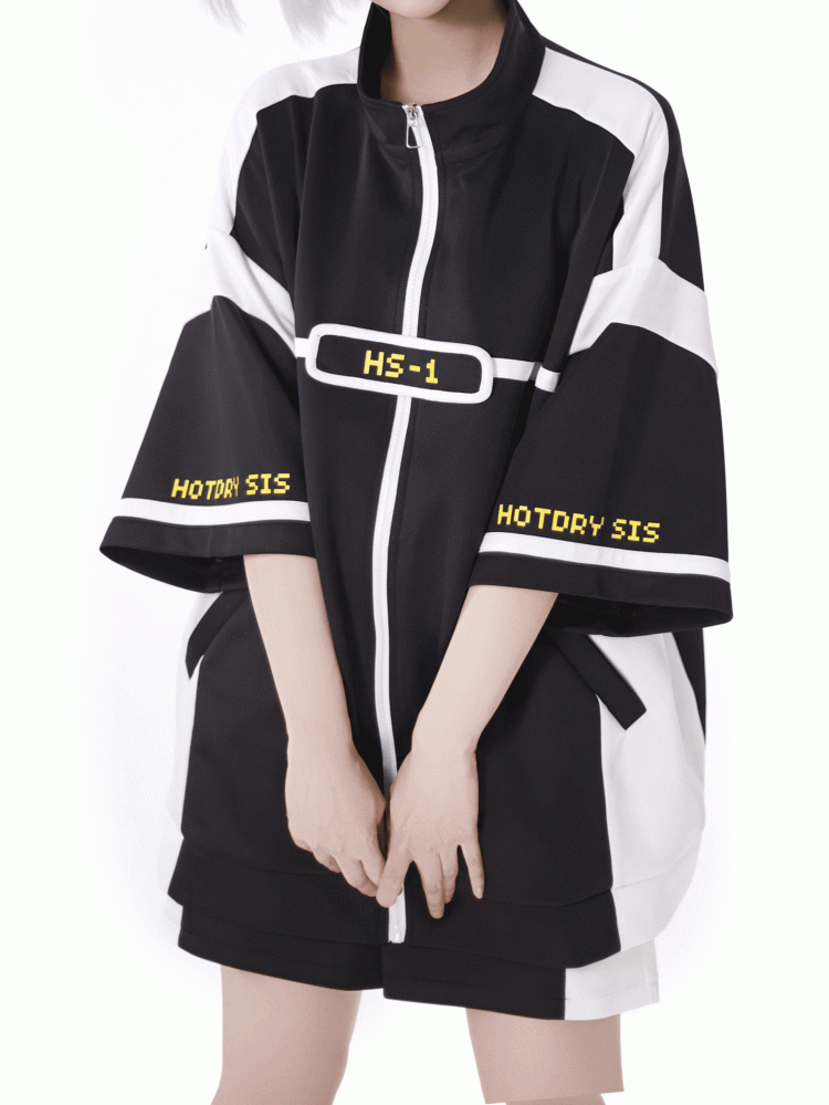 Elbow-Length Sleeves Jirai Kei Zip-up Sweatshirt White Landmine Style Black